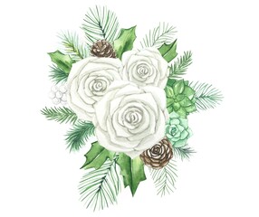 Composition with white roses, succulents,watercolor illustration