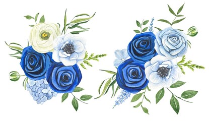 Compositions of blue roses with green leaves on a white background. watercolor illustration
