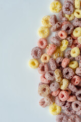 Close up to cereal background. Colorful breakfast food with copy space