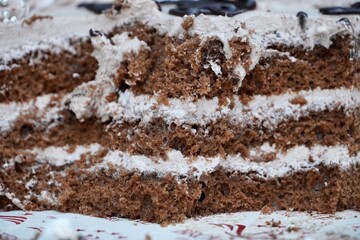 Chocolate flakes cake cuts for birthday celebration. Brownie Ice-cream cake for birthday function. Cut portions of Ice cream cake closeup view.