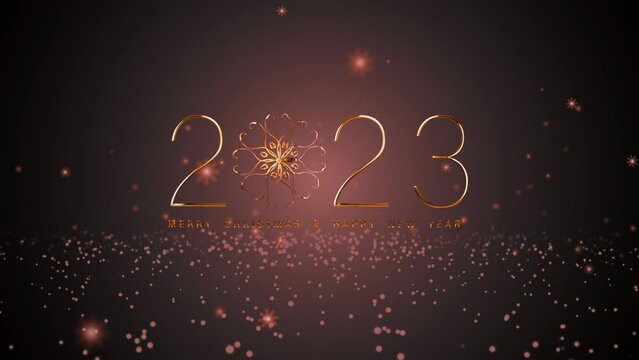2023 Merry Christmas and Happy New Year greeting text cinematic title with glow red orange particles on black black background. Beautiful typography magic design with golden glittering particles.
