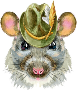 Watercolor portrait of rat in green hat 