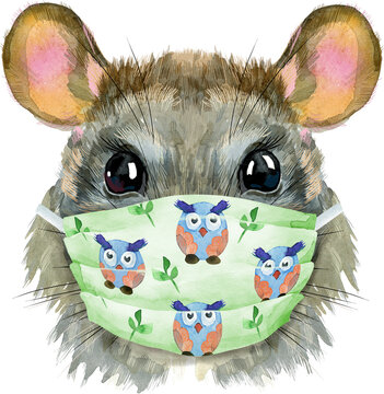 Watercolor portrait of rat in protective mask
