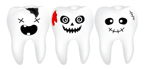 Scary cartoon tooth characters, Tooth with blood. Trick or Treat concept, Happy Halloween day,  illustration.