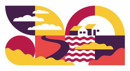 Beautiful autumn rural scene with houses and farms