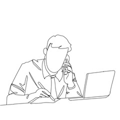 Continuous one line drawing of young serious man worker sitting pensively while watching laptop screen at work desk. Business analyze concept. Hand drawn with single line vector illustration