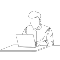 Fototapeta na wymiar Continuous one line drawing of young serious man worker sitting pensively while watching laptop screen at work desk. Business analyze concept. Hand drawn with single line vector illustration