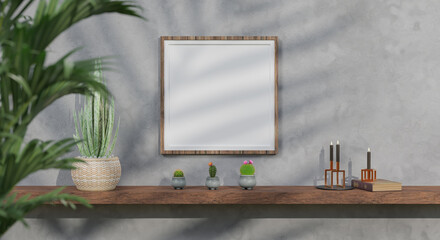 wall mockup with green plant,Green wall and shelf.3D rendering