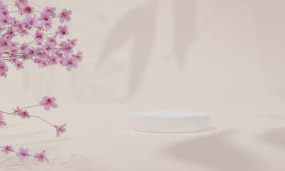 Podium with colorful pastel background and tree or leaf stand on advertising display. 3D rendering.