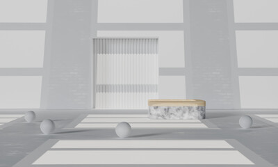 Podium with colorful background stand or podium pedestal on advertising display. 3D rendering.