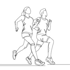 Continuous line drawing of couple man and woman jogging. Concept fitness club. Hand drawn single line vector illustration