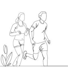 Continuous line drawing of couple man and woman jogging. Concept fitness club. Hand drawn single line vector illustration