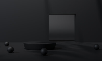 Black podium and black background stand or podium advertising display. 3D rendering.