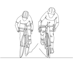 Single continuous line drawing of two cyclist pedaling cycling fast. Hand drawn single line vector illustration
