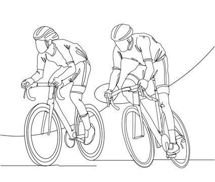 Continuous line drawing of two cyclist train to pedal cycling fast. Hand drawn single line vector illustration