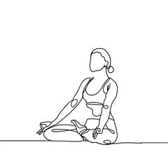 Fototapeta na wymiar Continuous line drawing of woman sitting in lotus pose yoga on white background. Hand drawn single line vector illustration
