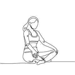 Continuous line drawing of sport woman in yoga on white background. Hand drawn single line vector illustration