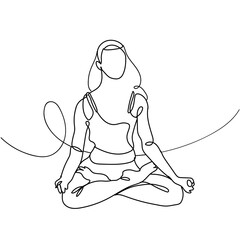 Continuous line drawing of woman sitting in lotus pose yoga on white background. Hand drawn single line vector illustration