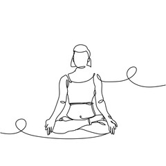 Continuous line drawing of woman sitting in lotus pose yoga on white background. Hand drawn single line vector illustration