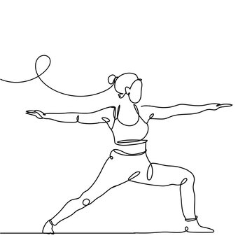Continuous line drawing of exercising woman on white background. Hand drawn single line vector illustration