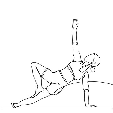 Continuous line drawing of exercising woman on white background. Hand drawn single line vector illustration