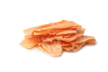 Group of tasty beer snacks. Dehydrated chicken meat slices.
