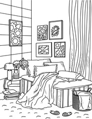 Antistress coloring page with vector black and white image of a cozy house with interior decoration elements.