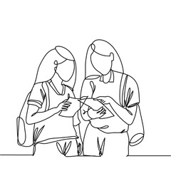 Continuous line drawing of two girl with book and standing, teenager college woman holding stack of books and studying on white background. Hand drawn single line vector illustration