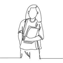 Continuous line drawing of girl with book and standing, teenager college woman holding stack of books and studying on white background. Hand drawn single line vector illustration