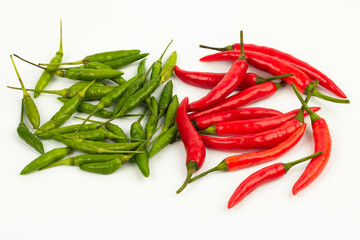Mix red chilli and green chilli on white background.