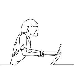 Continuous line drawing of girl studying in front of a laptop do coursework on white background. Hand drawn single line vector illustration