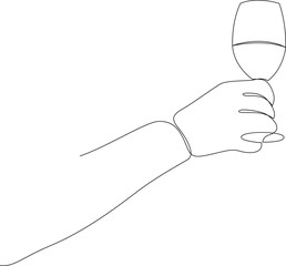 Continuous one line drawing of glass of wine in hand. Vector illustration.
