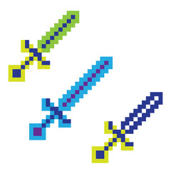 Colorful pixel sword game icon. Vector isolated mosaic button illustration. Digital crypto art poster banner. Simple collection arms knife warrior. Blue green item on white transparent background 