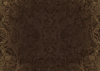 Hand-drawn unique abstract ornament. Light semi transparent brown on a dark brown background, with vignette of same pattern in golden glitter. Paper texture. Digital artwork, A4. (pattern: p04a)