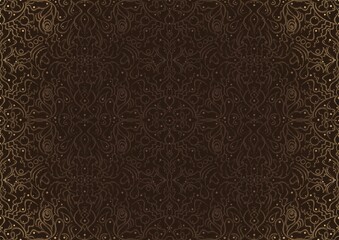Hand-drawn unique abstract ornament. Light semi transparent brown on a dark brown background, with vignette of same pattern in golden glitter. Paper texture. Digital artwork, A4. (pattern: p07-2b)
