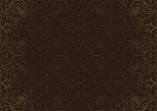 Hand-drawn unique abstract ornament. Light semi transparent brown on a dark brown background, with vignette of same pattern in golden glitter. Paper texture. Digital artwork, A4. (pattern: p07-1b) © Maria