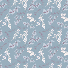 Seamless pattern of winter branches and leaves. Winter holidays design print to social media, textile, wallpaper, wrapping paper, package. Vintage botanical illustrations