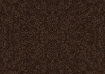 Hand-drawn unique abstract symmetrical seamless ornament. Light semi transparent brown on a dark brown background. Paper texture. Digital artwork, A4. (pattern: p06a)