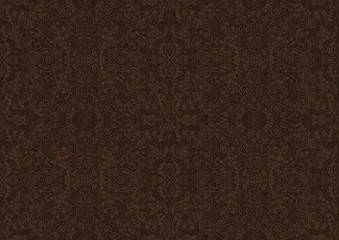 Fototapeta premium Hand-drawn unique abstract symmetrical seamless ornament. Light semi transparent brown on a dark brown background. Paper texture. Digital artwork, A4. (pattern: p06b)