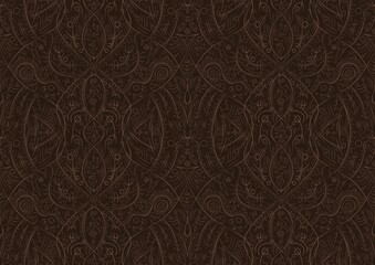 Hand-drawn unique abstract symmetrical seamless ornament. Light semi transparent brown on a dark brown background. Paper texture. Digital artwork, A4. (pattern: p08-2b)