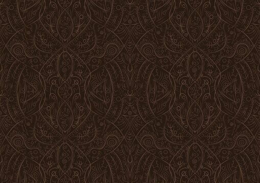 Hand-drawn unique abstract symmetrical seamless ornament. Light semi transparent brown on a dark brown background. Paper texture. Digital artwork, A4. (pattern: p08-2b) © Maria