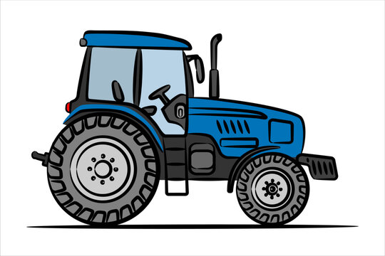 A hand drawn art of a blue tractor. Wheeled tractor, side view.  Modern flat vector illustration. Side view of modern farm tractor