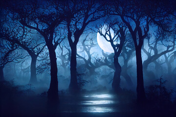 fantasy forest, crooked trees, ambient blue moonlit surroundings, digital illustration, created with generative ai