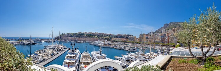 Panoramic view of the harbour and the cityscape of Monaco during the day