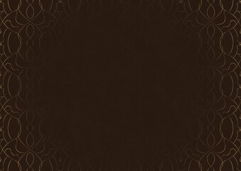 Dark brown textured paper with vignette of golden hand-drawn pattern. Copy space. Digital artwork, A4. (pattern: p08-1c)
