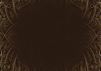 Dark brown textured paper with vignette of golden hand-drawn pattern. Copy space. Digital artwork, A4. (pattern: p08-2a)