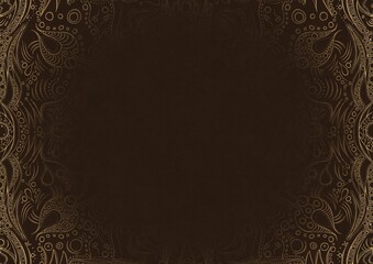 Dark brown textured paper with vignette of golden hand-drawn pattern. Copy space. Digital artwork, A4. (pattern: p09a)
