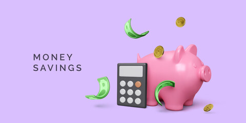 Pink piggy bank with calculator and gold coins green paper currency. Saving money and financial management