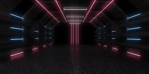 3D abstract background with neon lights. neon tunnel  .space construction . .3d illustration