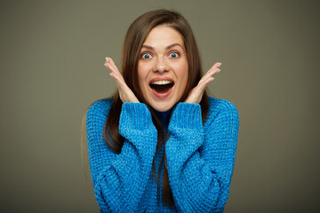 Excited surprising woman close up isolated  portrait.